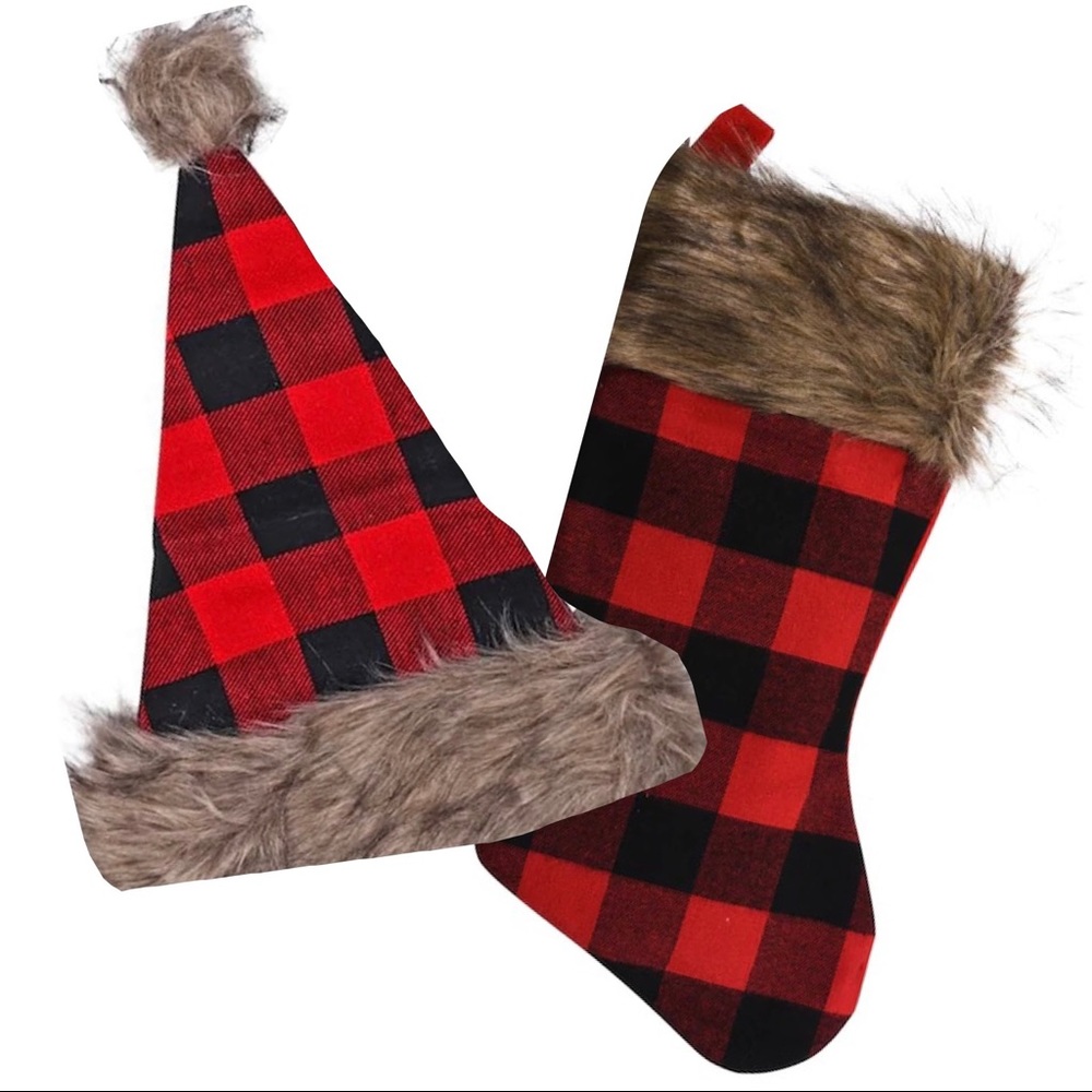 BUFFALO CHECK PLAID CHRISTMAS STOCKING &  SANTA HAT SET